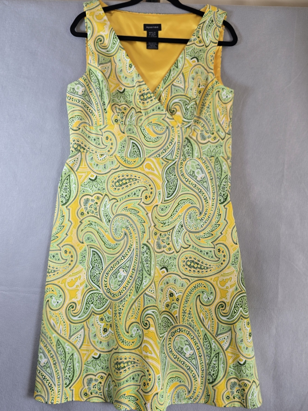 Spense Yellow and Green Paisley V-Neck A-Line Dress Workwear Colorful Sz 12 Cute